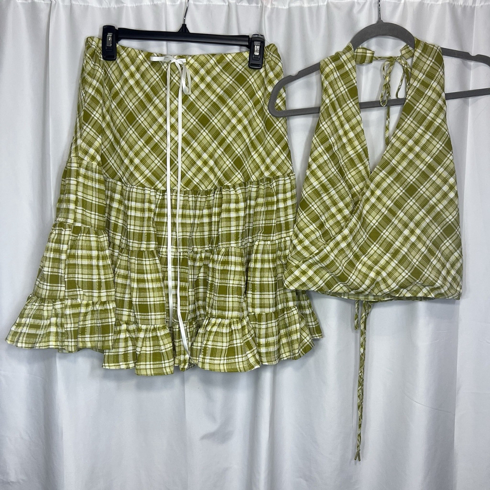 Free People Women’s Traymore Plaid Set S Green Crop Top Ruffle Skirt Festival - Picture 2 of 13